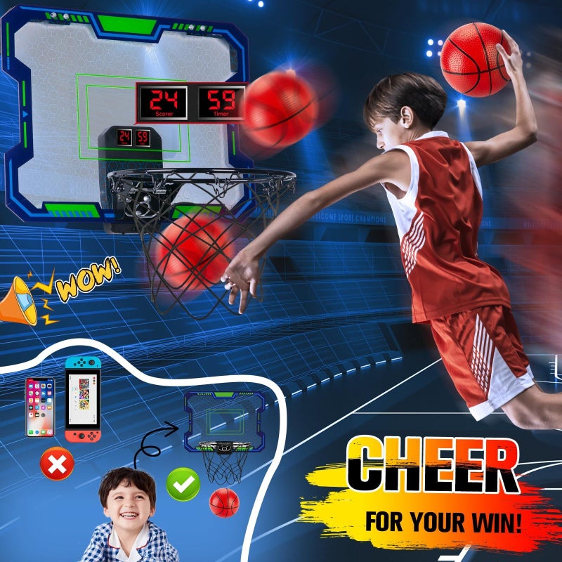 VIGNUTO Indoor Basketball Hoop for Kids(4-12 Years Old)  Over The Door Basketball Hoop with Scoring  Countdown and Music Accompaniment Functions Mini Basketball Hoop  Basketball Hoop Indoor Kids Toys - Image 3